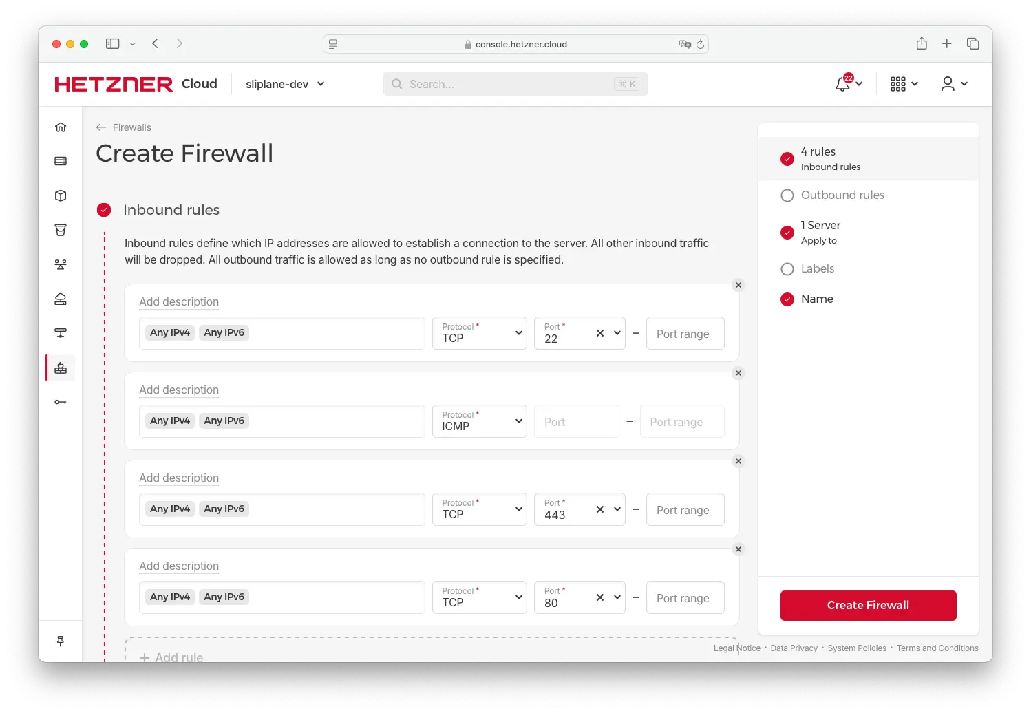 Hetzner Firewall Konfiguration